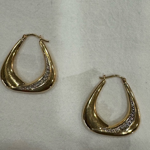 14 karat Gold hoop earrings with diamond accents. - Picture 3 of 4